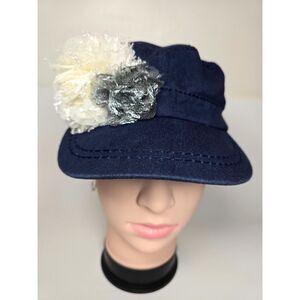 Woman's Navy Blue Cadet Cap Hat Lace Flower Accent Military Style Adjustable